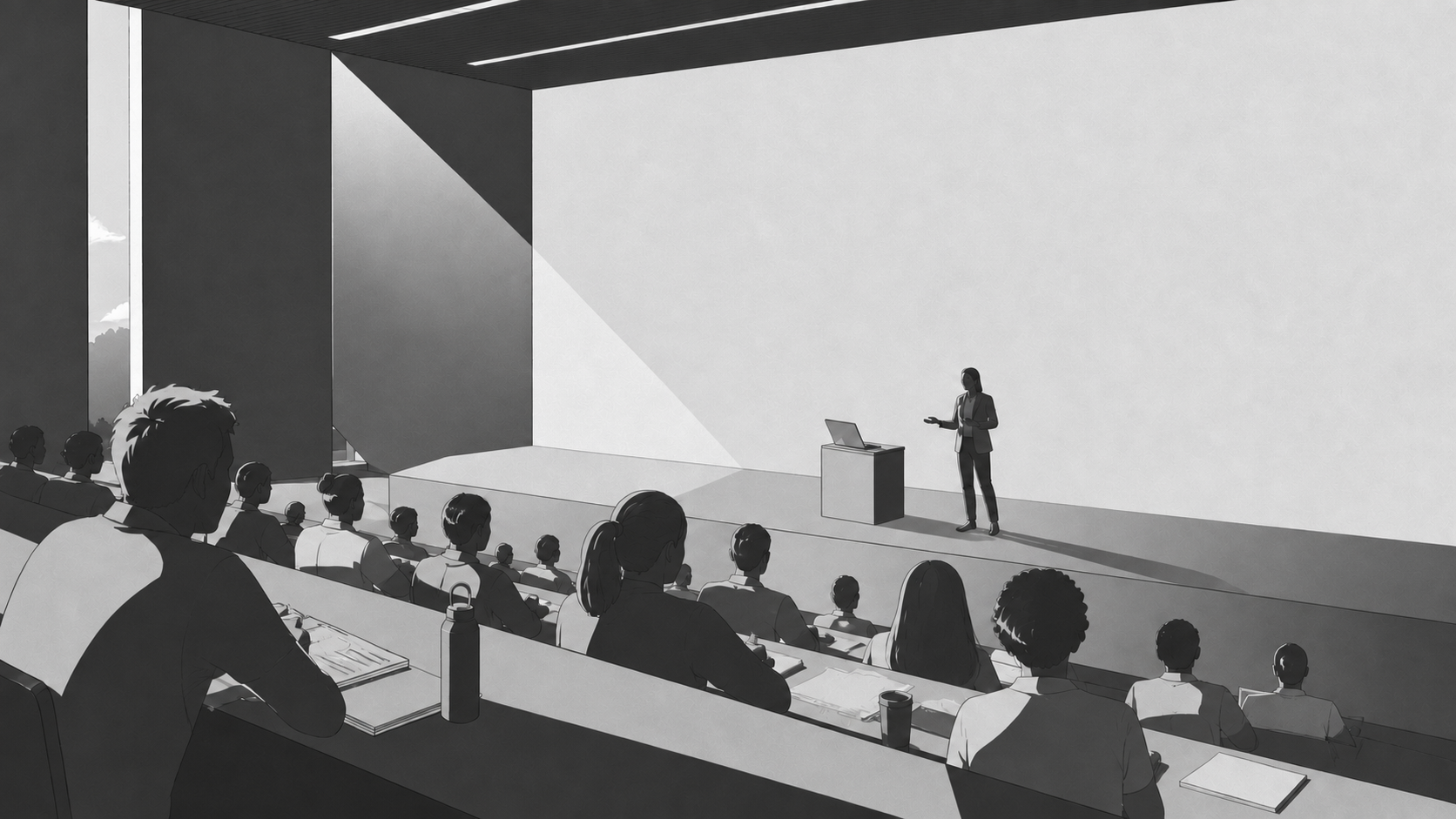 A lecturer presenting to students in a large lecture hall